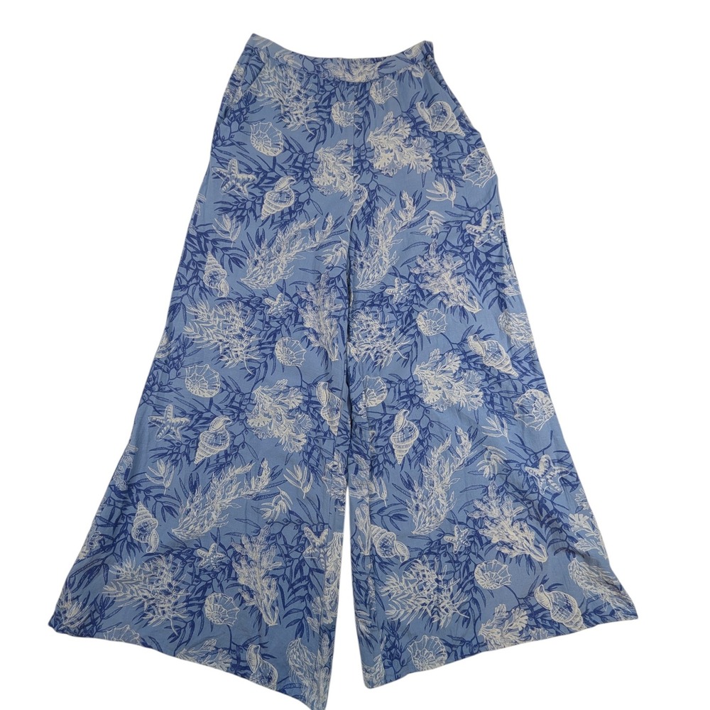 Wide‎ Leg Seashell Coral Print Pants Women's S Blue White Midnight Sky Y2K